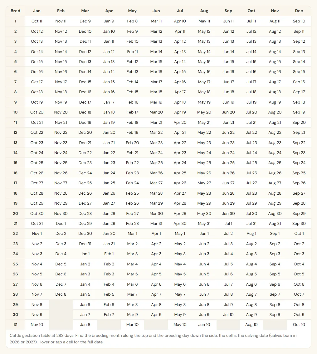 Cattle gestation table showing the calving date for every breeding day of the year, ready to print